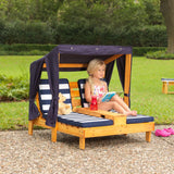 KidKraft Wooden Outdoor Double Chaise Lounge – Canopy, 2 Cup Holders & Storage, Honey & Navy