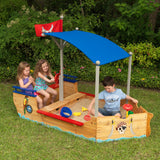 KidKraft Wooden Pirate Sandboat Sandbox – Canopy, Seats, Storage, Liner & Mesh Cover, Blue & Red