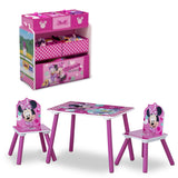 4-Piece Disney Minnie Mouse Wooden Toddler Playroom Set – Pink Table, 2 Chairs & 6-Bin Toy Organizer
