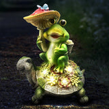Solar Turtle & Frog Garden Statue, 9.4" Resin Outdoor Sculpture with Warm LED Mushroom Light