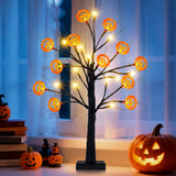 24" Black Halloween Tree with Pumpkin Ornaments – 24 LED Warm White Tabletop Halloween Decoration