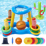 Pool Toys Games Set, 3-in-1 Inflatable Pool Basketball Hoop, Ring Toss & Cactus Water Game Set