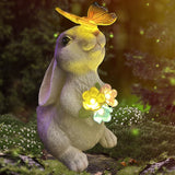 8.8" Solar Rabbit Garden Statue with 5 LED Lights, Hand-Painted Resin Bunny with Butterfly