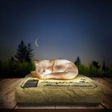 Solar Cat Memorial Garden Stone with Sleeping Cat Statue, 8" Resin Pet Grave Marker, Auto-Glow Sympathy Memorial