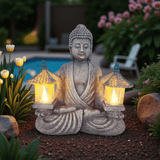 Solar Meditating Buddha Garden Statue with Warm LED Light, Weather-Resistant Resin Zen Sculpture