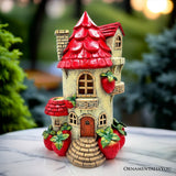 Solar Strawberry Fairy Cottage Garden Statue, 10" Hand-Painted Resin Fairy House