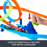 Hot Wheels Stunt Tracks Rapid Launch Cyclone Track Set with 1:64 Die-Cast Car, 2 Loops & 2 Crash Zones