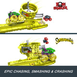 Hot Wheels Monster Trucks Power Smashers Charge & Chase Track Set – 1:24 Skelesaurus, 1:64 Bone Shaker & 2 Crushed Cars