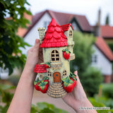 Solar Strawberry Fairy Cottage Garden Statue, 10" Hand-Painted Resin Fairy House