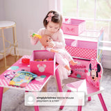 4-Piece Disney Minnie Mouse Wooden Toddler Playroom Set – Pink Table, 2 Chairs & 6-Bin Toy Organizer