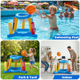 Pool Toys Games Set, 3-in-1 Inflatable Pool Basketball Hoop, Ring Toss & Cactus Water Game Set