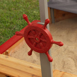 KidKraft Wooden Pirate Sandboat Sandbox – Canopy, Seats, Storage, Liner & Mesh Cover, Blue & Red