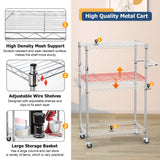 3-Tier Rolling Wire Storage Rack – Adjustable Metal Shelving Cart with Wheels, 29.9" × 13" × 36.6"
