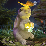 8.8" Solar Rabbit Garden Statue with 5 LED Lights, Hand-Painted Resin Bunny with Butterfly