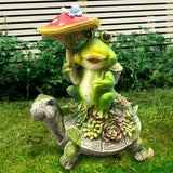 Solar Turtle & Frog Garden Statue, 9.4" Resin Outdoor Sculpture with Warm LED Mushroom Light