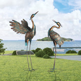 42" H Metal Crane Garden Statues,  Set of 2 Copper Patina Heron Sculptures