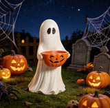 13.7" Halloween Ghost Figurine with Pumpkin Candy Bowl, Resin Treat Holder Decor