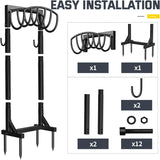 Garden Metal Hose Holder with 4 Ground Spikes & 2 Tool Hooks – Heavy Duty Freestanding Hose Stand for Up to 150 ft. Hose