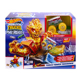 Hot Wheels Monster Trucks 5-Alarm Torch Tower Takedown – Fire Monster Playset with 2 Crushed Cars