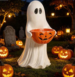 13.7" Halloween Ghost Figurine with Pumpkin Candy Bowl, Resin Treat Holder Decor
