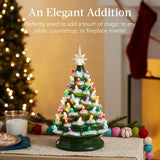 15" Pre-Lit Frosted Green Ceramic Christmas Tree with 64 Bulbs and Star Topper