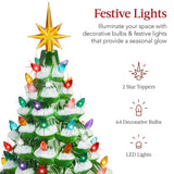 15" Pre-Lit Frosted Green Ceramic Christmas Tree with 64 Bulbs and Star Topper