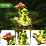 Solar Turtle & Frog Garden Statue, 9.4" Resin Outdoor Sculpture with Warm LED Mushroom Light