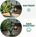 Solar Rabbit Garden Statue with Lantern, Bronze Resin Bunny Outdoor Décor