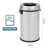 Stainless Steel Swing-Top Trash Can, 17 Gallon / 65 L Round Waste Bin with Side Handles
