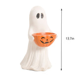 13.7" Halloween Ghost Figurine with Pumpkin Candy Bowl, Resin Treat Holder Decor