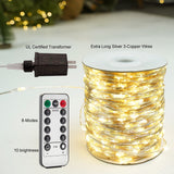 Plug-In Fairy Lights 100 ft – 300 LED Waterproof Silver Wire String Lights with Remote