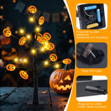 24" Black Halloween Tree with Pumpkin Ornaments – 24 LED Warm White Tabletop Halloween Decoration