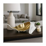18" Metal White & Gold Curled Leaf Sculpture, Tabletop Accent, Modern Home Décor
