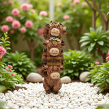 Solar Highland Cow Garden Statue with Welcome Sign & Glowing Flowers, Resin Cattle Sculpture