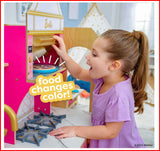 KidKraft Cook with Barbie Wooden Play Kitchen – Light-Up Oven, Sounds, Water-Reveal Food & 30 Accessories