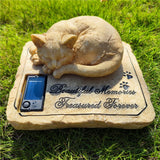 Solar Cat Memorial Garden Stone with Sleeping Cat Statue, 8" Resin Pet Grave Marker, Auto-Glow Sympathy Memorial