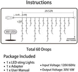 360 LED Icicle Christmas Lights, 29.5 ft Connectable Waterproof Curtain String Lights