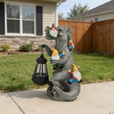 12.3" Solar Dinosaur Eating Gnomes Garden Statue, Sculpture with LED Lantern