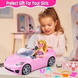 76-Piece Doll and Pink Convertible Car Playset with 11.5" Fashion Doll, Clothes and Accessories