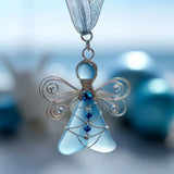 Handmade Sea Glass Angel Christmas Ornament with Silver Wire Wings and Rope Hanger