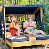 KidKraft Wooden Outdoor Double Chaise Lounge – Canopy, 2 Cup Holders & Storage, Honey & Navy