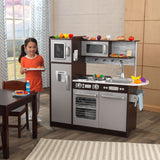 KidKraft Uptown Espresso Wooden Play Kitchen – 30-Piece Play Food Set, Chalkboard & Toy Phone
