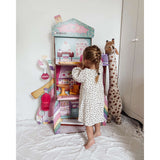 KidKraft Candy Castle Wooden Dollhouse – 3 Levels, Working Elevator & 28 Accessories