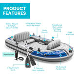 Intex Excursion Inflatable 4 People Boat Set with Oars, Pump, Fishing Rod Holders & Motor Mount Fittings