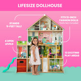Delta Children Deluxe Maui 60" Wooden Dollhouse for 12" Dolls with 4 Stories, Elevator, Slide, Lights and Sounds