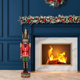 Haute Decor 37" Red and Green Christmas Nutcracker Resin Statue with Hand-Carved Wood Look