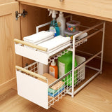 Mesa 2-Tier Sliding Drawer Organizer, Steel Under Sink Storage with Wood Handles