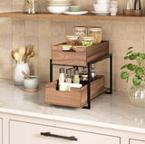 Seville Classics 2-Tier Acacia Wood Sliding Bin Organizer with Black Metal Frame
