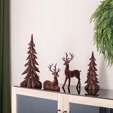 Glitzhome 4-Pc Flocked Brown Reindeer & Tree Christmas Table Decor Set, 17.25" H