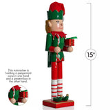 Ornativity 15" Wooden Christmas Elf Nutcracker with Candy Cane and Gift Box